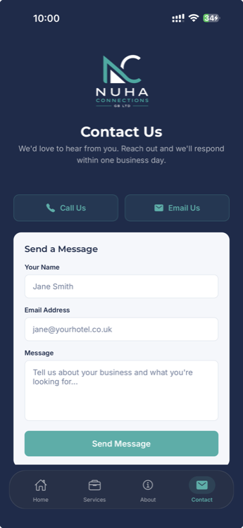 Nuha Connections app — Contact screen