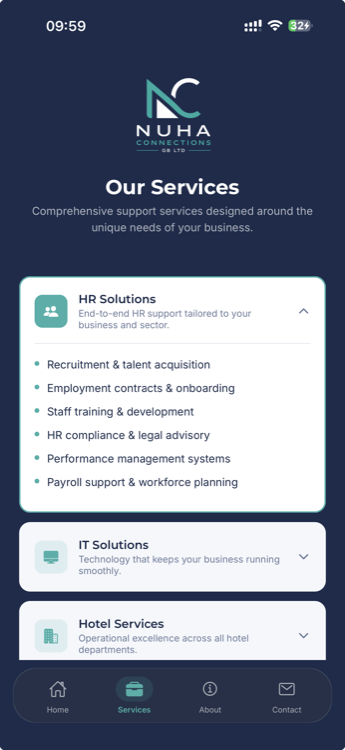Nuha Connections app — Services screen