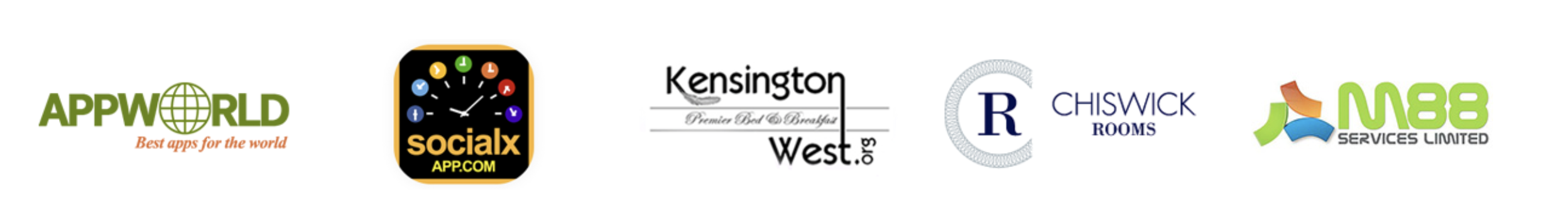 Our partners — AppWorld, SocialX, Kensington West, Chiswick Rooms, M88 Services